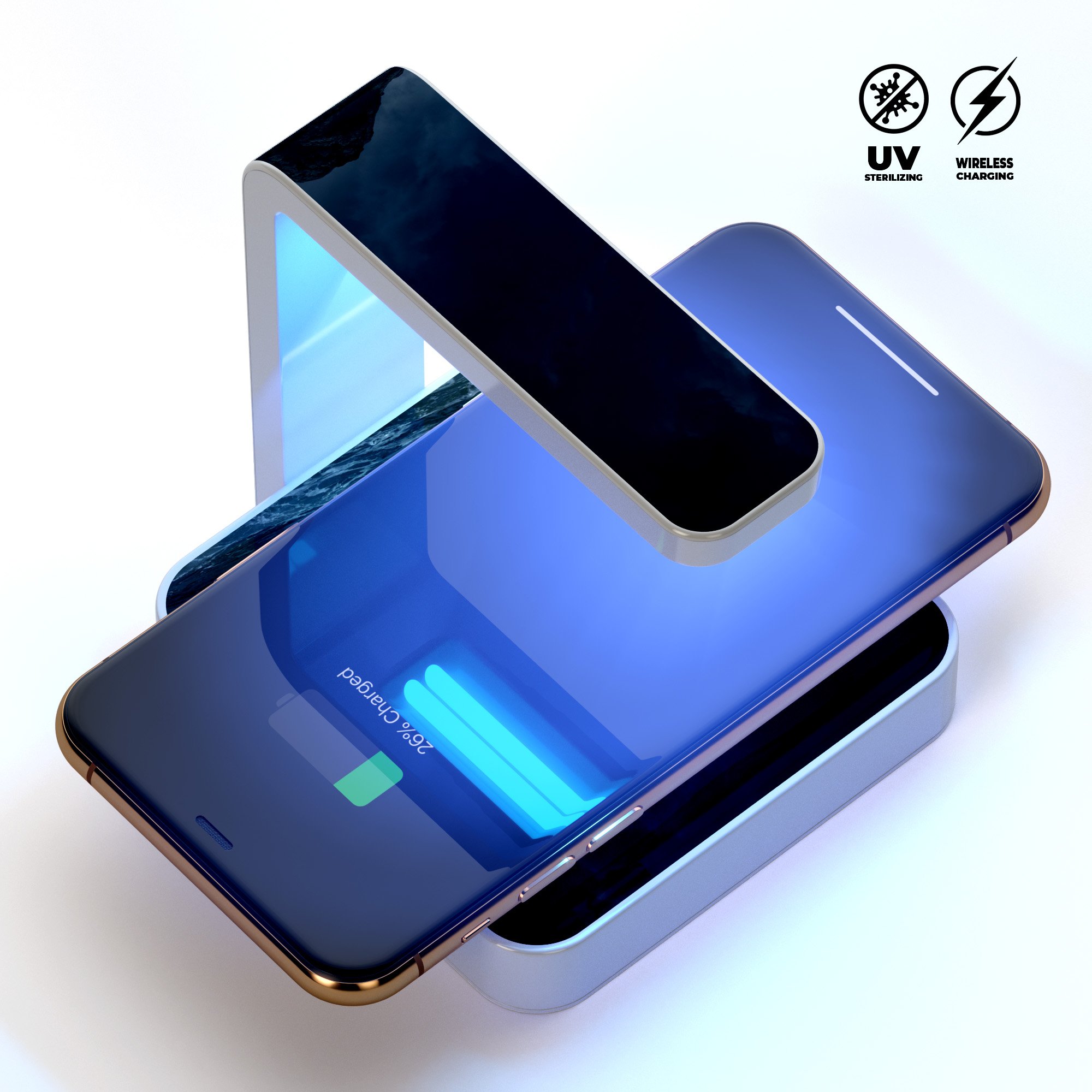 Crashing Waves UV Germicidal Sanitizing Wireless Charger with phone placed on it, showcasing its sleek design and sterilizing lamp.